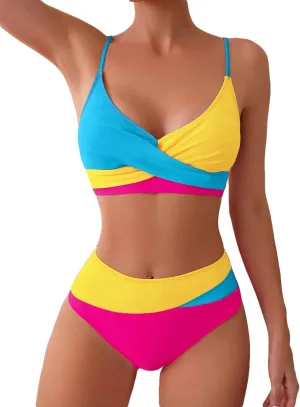 Women's 2 Piece Colorblock High Waisted Wrap Spaghetti Strap Summer Swimsuit Bikini Set