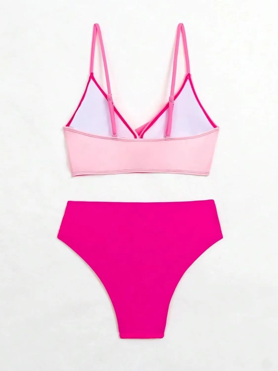 Women's 2 Piece Colorblock High Waisted Wrap Spaghetti Strap Summer Swimsuit Bikini Set