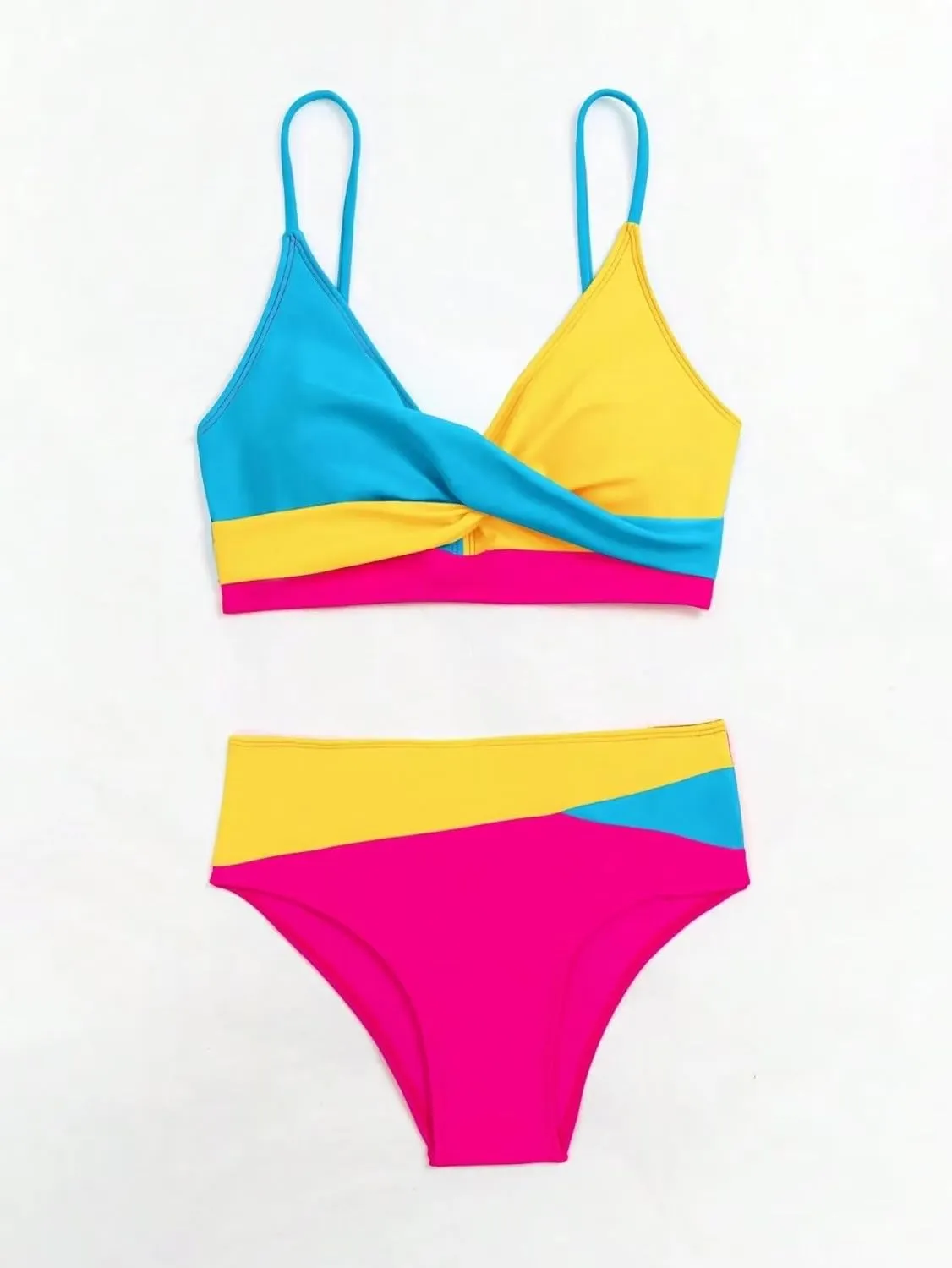 Women's 2 Piece Colorblock High Waisted Wrap Spaghetti Strap Summer Swimsuit Bikini Set