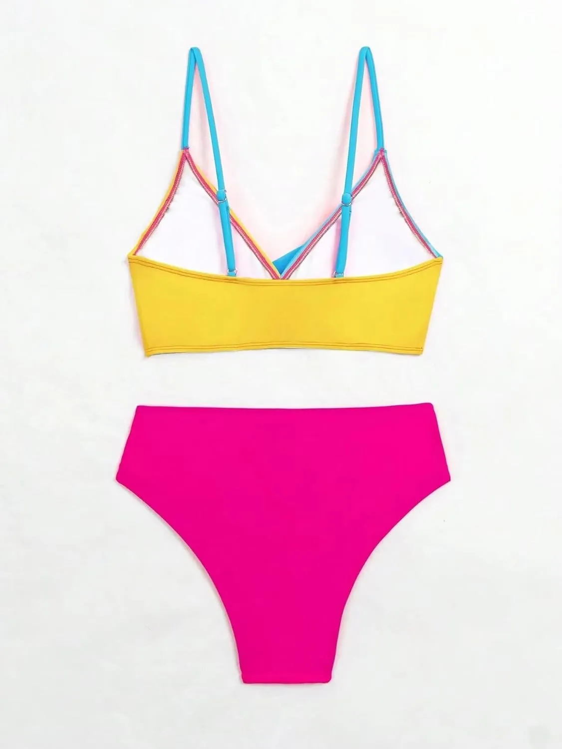 Women's 2 Piece Colorblock High Waisted Wrap Spaghetti Strap Summer Swimsuit Bikini Set