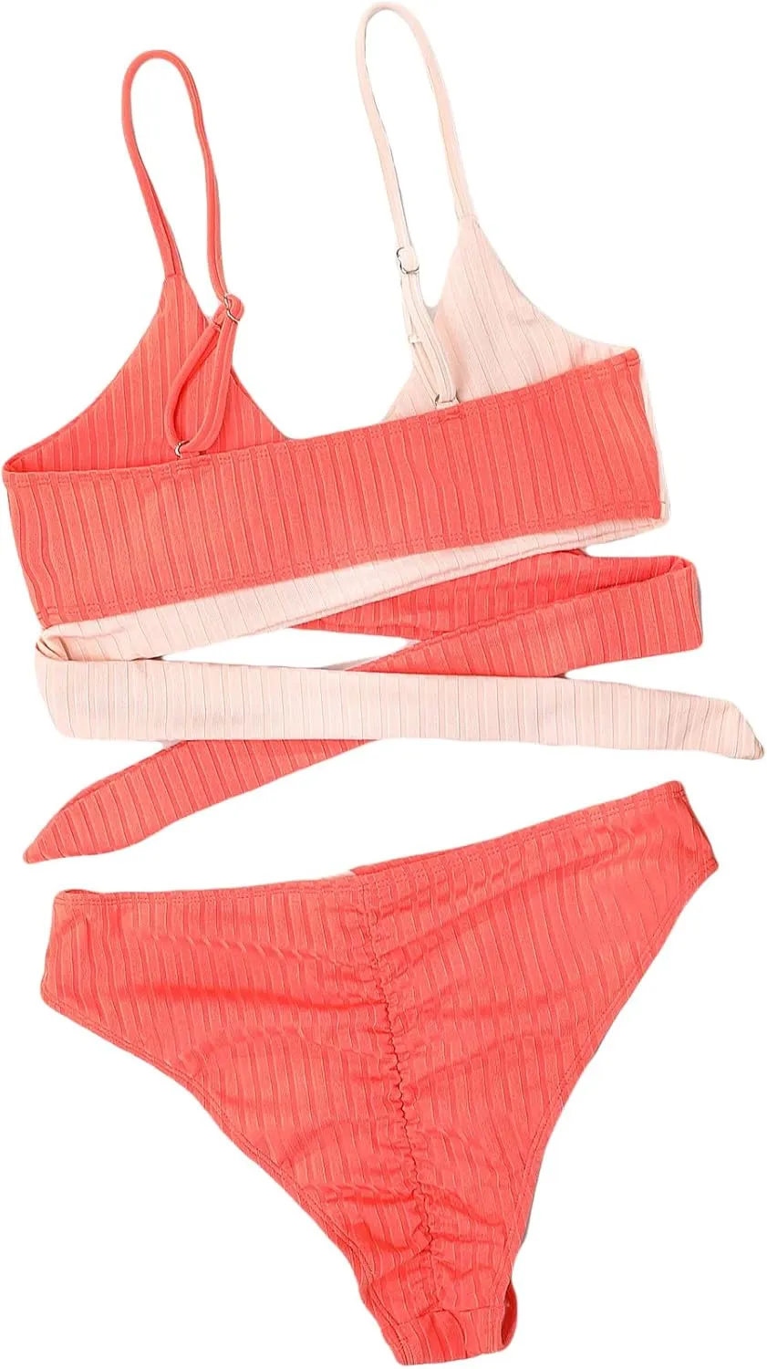 Women's 2 Piece Colorblock High Waisted Wrap Spaghetti Strap Summer Swimsuit Bikini Set