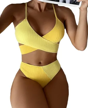 Women's 2 Piece Colorblock High Waisted Wrap Spaghetti Strap Summer Swimsuit Bikini Set