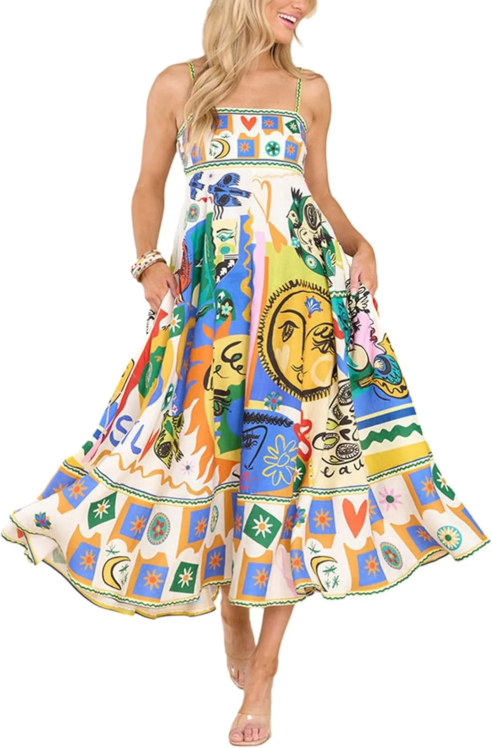Women's 2024 Summer Boho Spaghetti Straps Sleeveless Backless Sundress Flowy Smocked Swing A Line Midi Dress