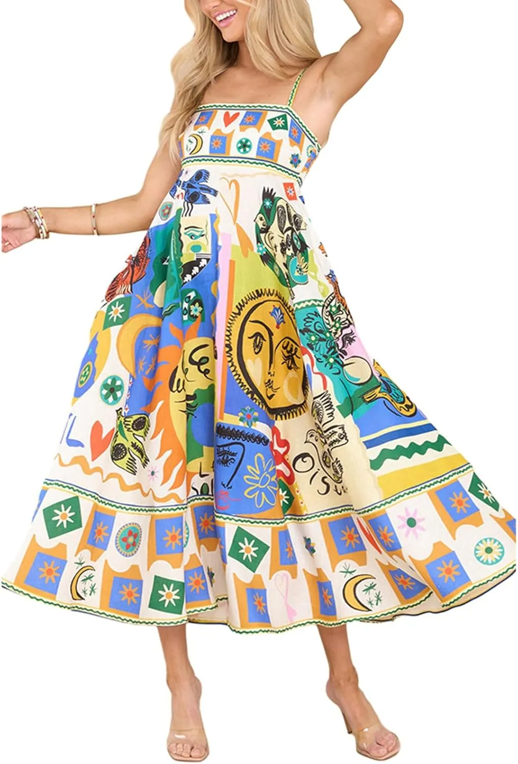 Women's 2024 Summer Boho Spaghetti Straps Sleeveless Backless Sundress Flowy Smocked Swing A Line Midi Dress