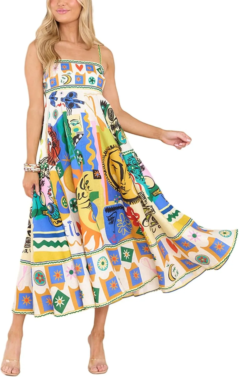 Women's 2024 Summer Boho Spaghetti Straps Sleeveless Backless Sundress Flowy Smocked Swing A Line Midi Dress