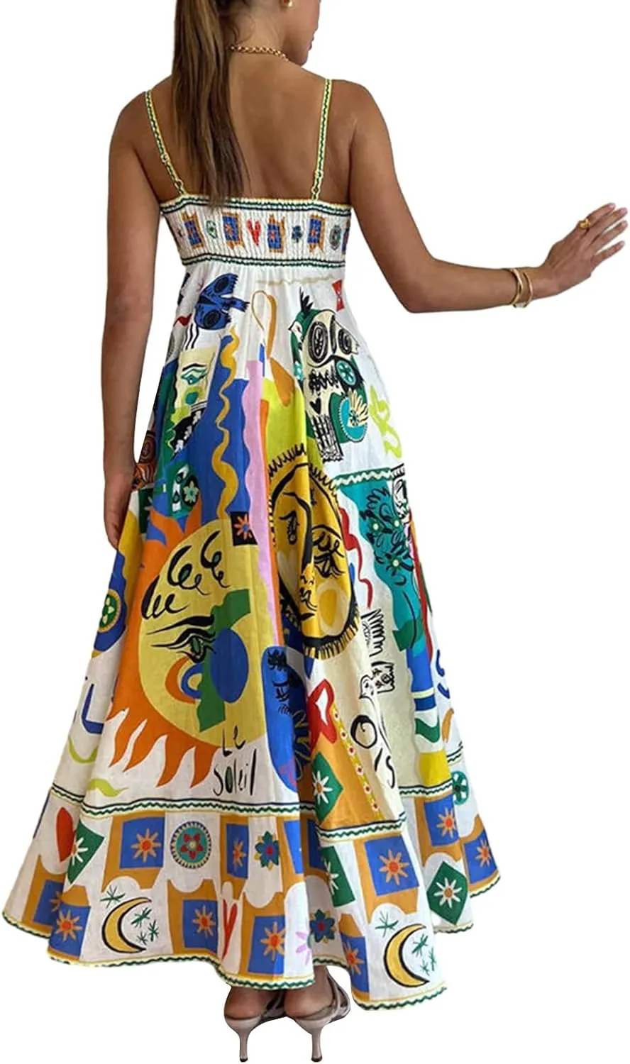 Women's 2024 Summer Boho Spaghetti Straps Sleeveless Backless Sundress Flowy Smocked Swing A Line Midi Dress