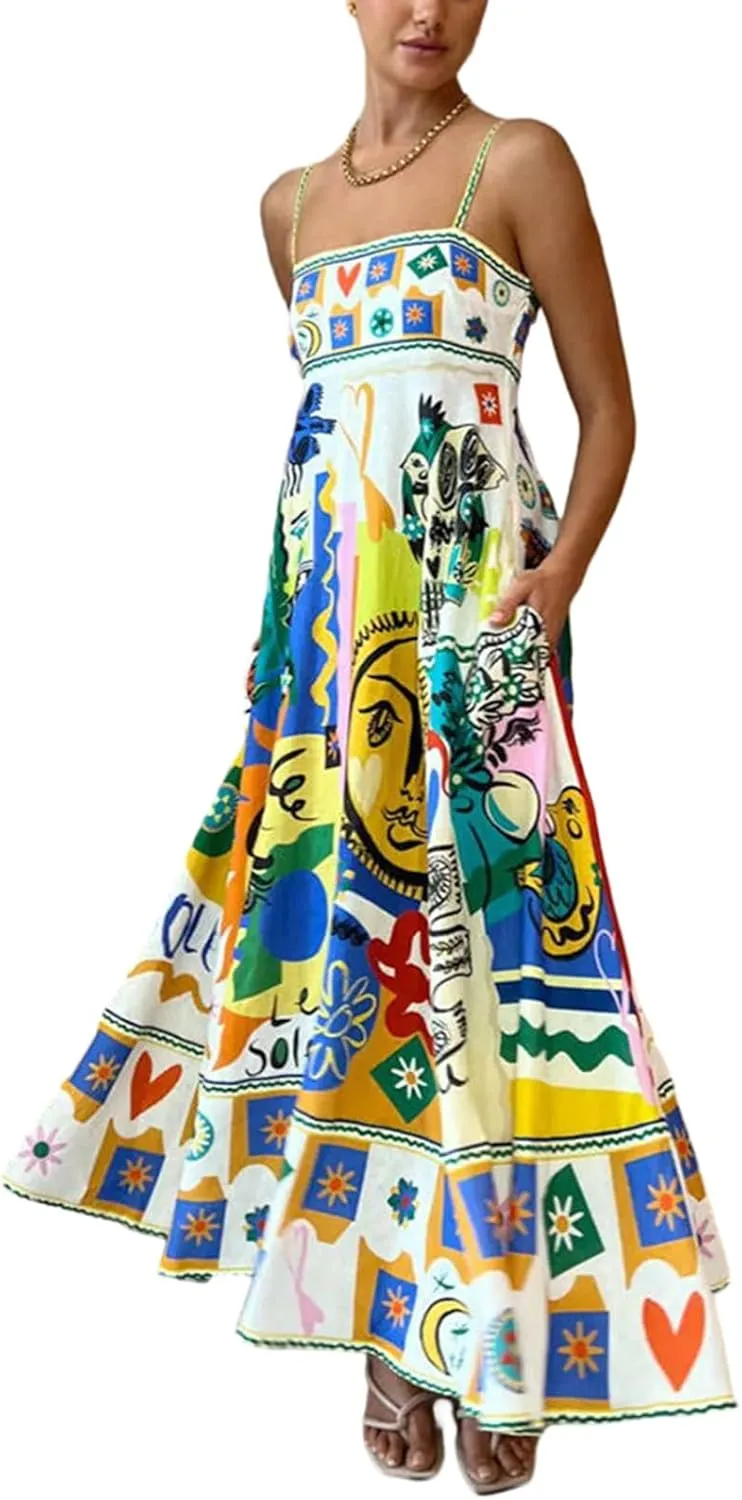 Women's 2024 Summer Boho Spaghetti Straps Sleeveless Backless Sundress Flowy Smocked Swing A Line Midi Dress