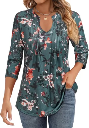 Womens 3/4 Sleeve Tops Business Casual Blouses V Neck Pleated Shirts Peasant Tunic Tops Dressy Casual Work Outfits