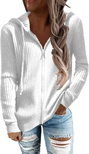 Women's Autumn Winter Rib Knit Long Sleeve Hoodies Zip Up with Drawstring Casual Loose Cardigan Sweater Outwear Coat(XL-White)