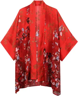 Womens Bohemian Floral Sheer Chiffon Kimono Beach Bikini Cover up Cardigan Capes Tunic