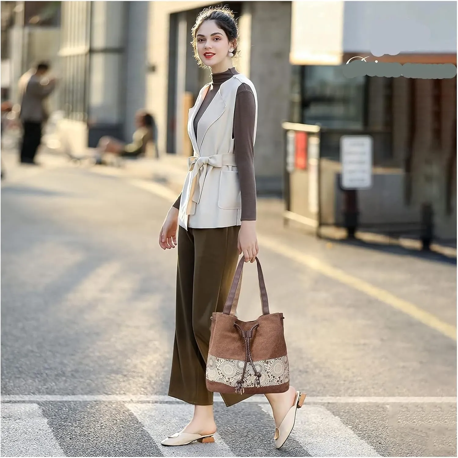 Womens Canvas Handbag Ladies Shoulder Bags Top Handle Bags Drawstring