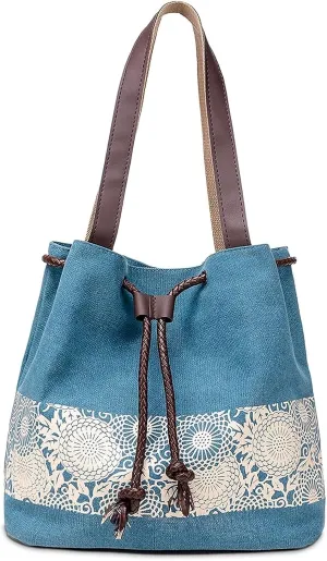 Womens Canvas Handbag Ladies Shoulder Bags Top Handle Bags Drawstring