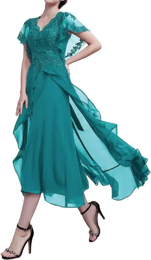 Women's Chiffon Mother of The Bride Dresses Tea Length with Sleeves Lace High Low Long Formal Evening Gowns