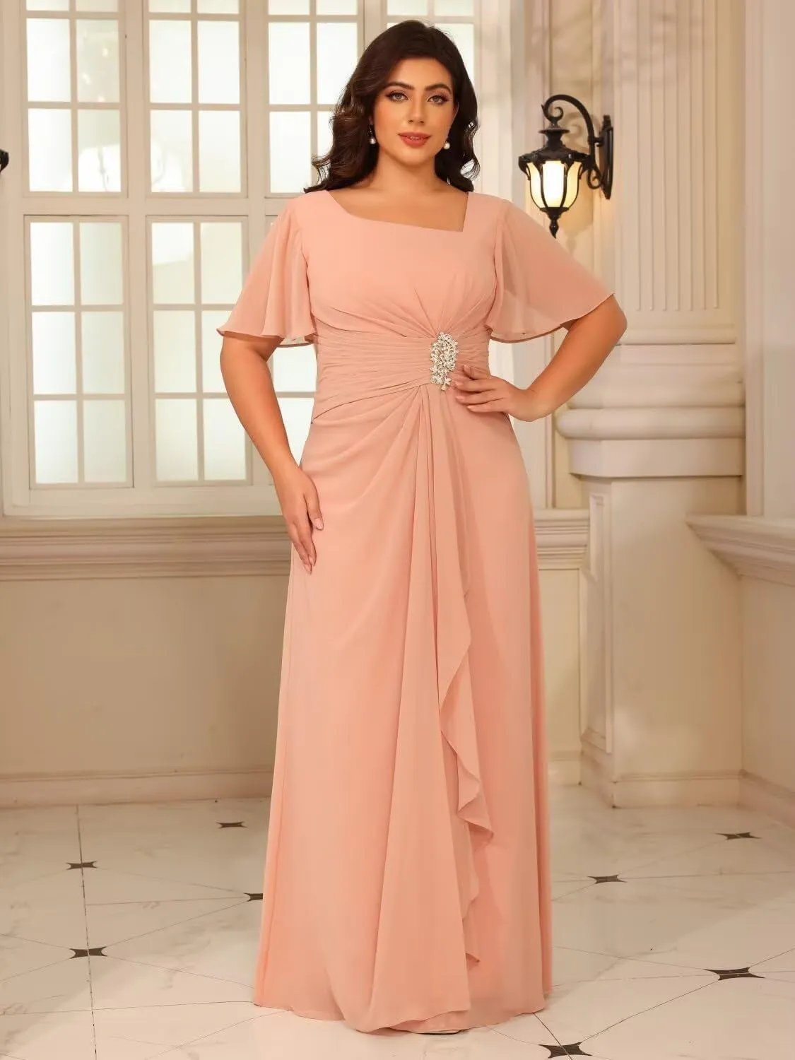 Women's Chiffon Mother of The Bride Dresses with Sleeves V Neck A Line Formal Evening Dress VS164N