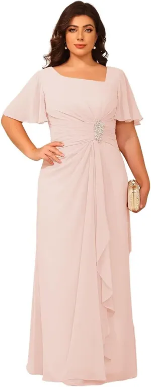 Women's Chiffon Mother of The Bride Dresses with Sleeves V Neck A Line Formal Evening Dress VS164N