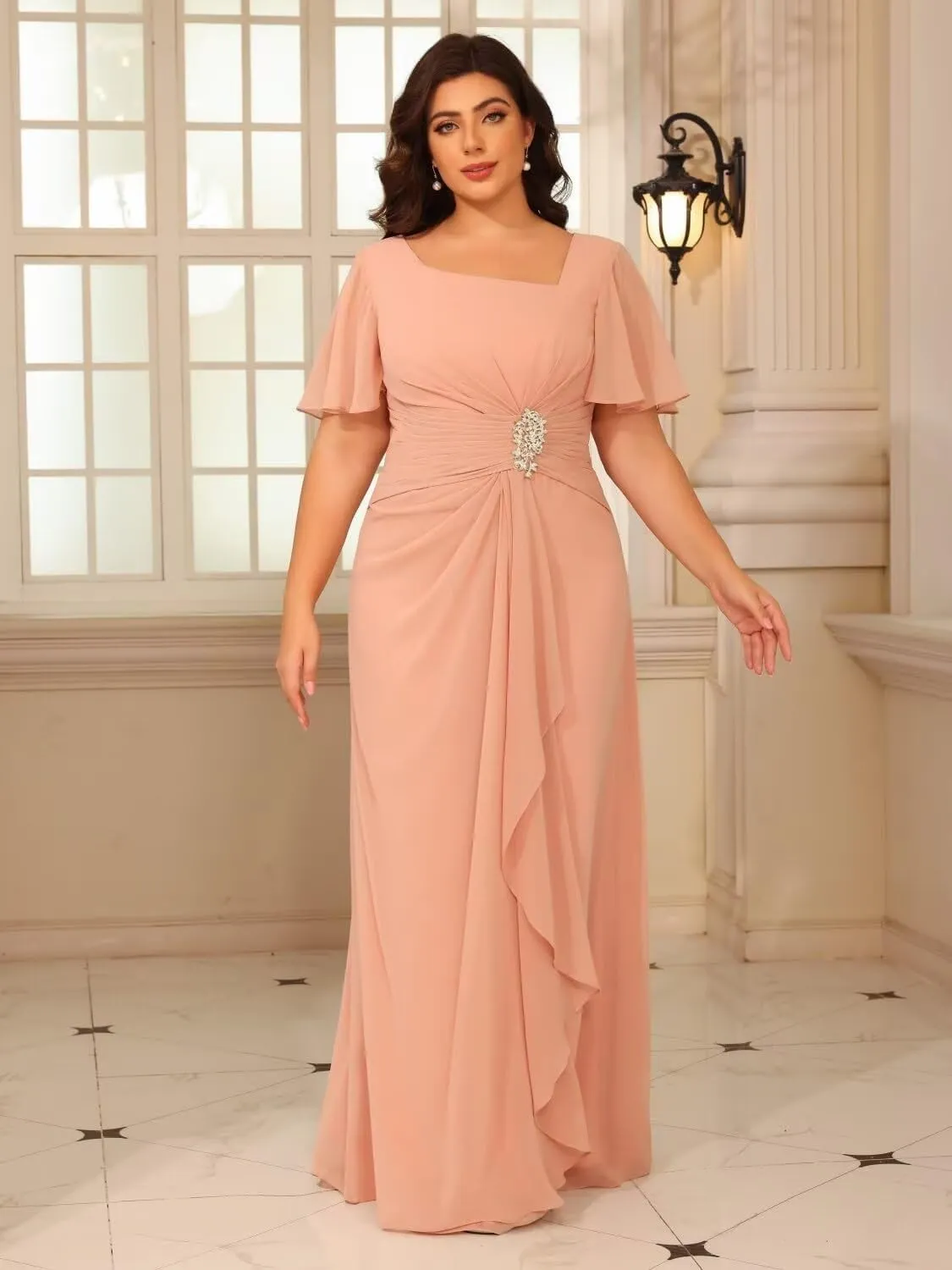 Women's Chiffon Mother of The Bride Dresses with Sleeves V Neck A Line Formal Evening Dress VS164N
