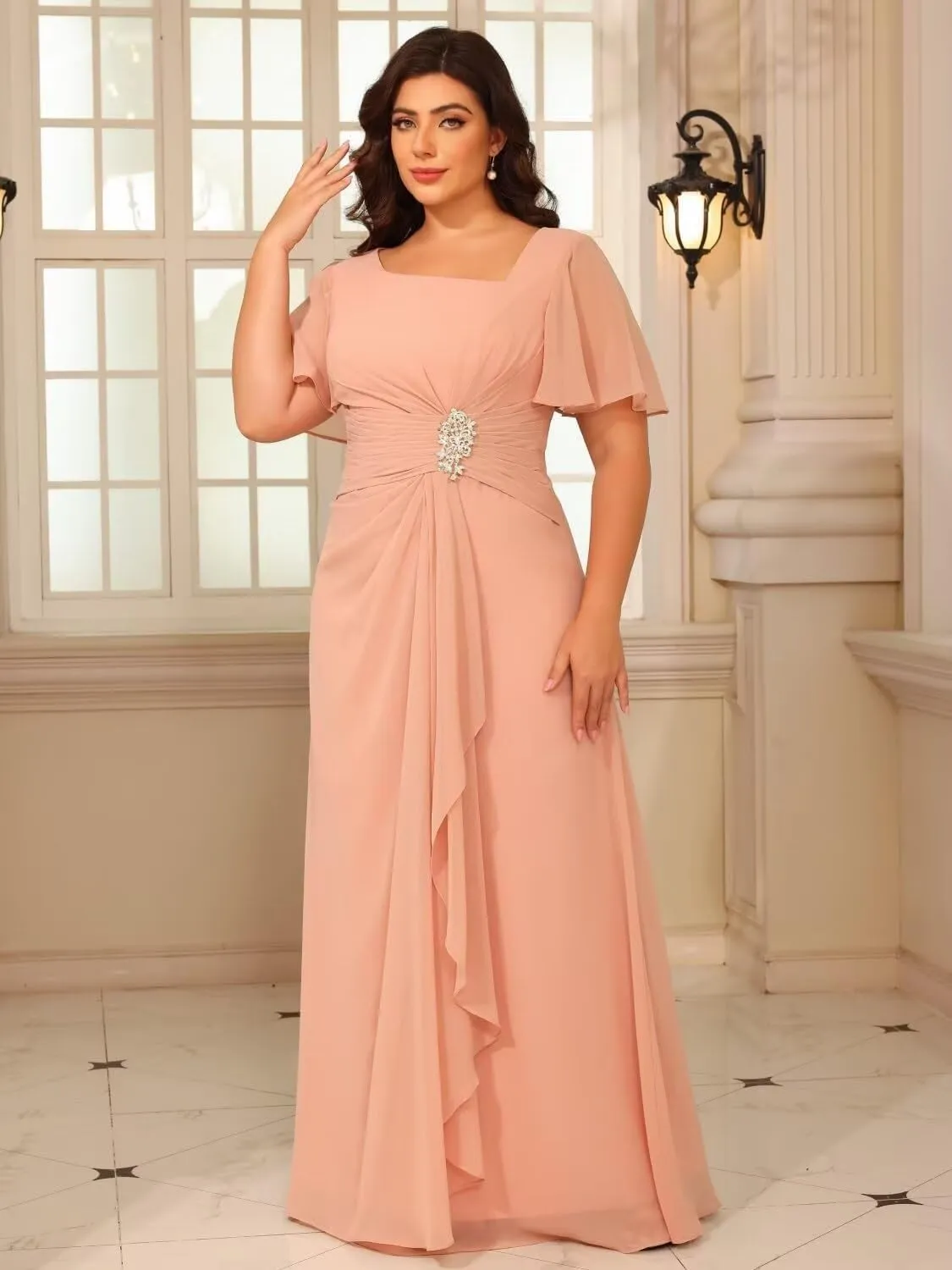 Women's Chiffon Mother of The Bride Dresses with Sleeves V Neck A Line Formal Evening Dress VS164N