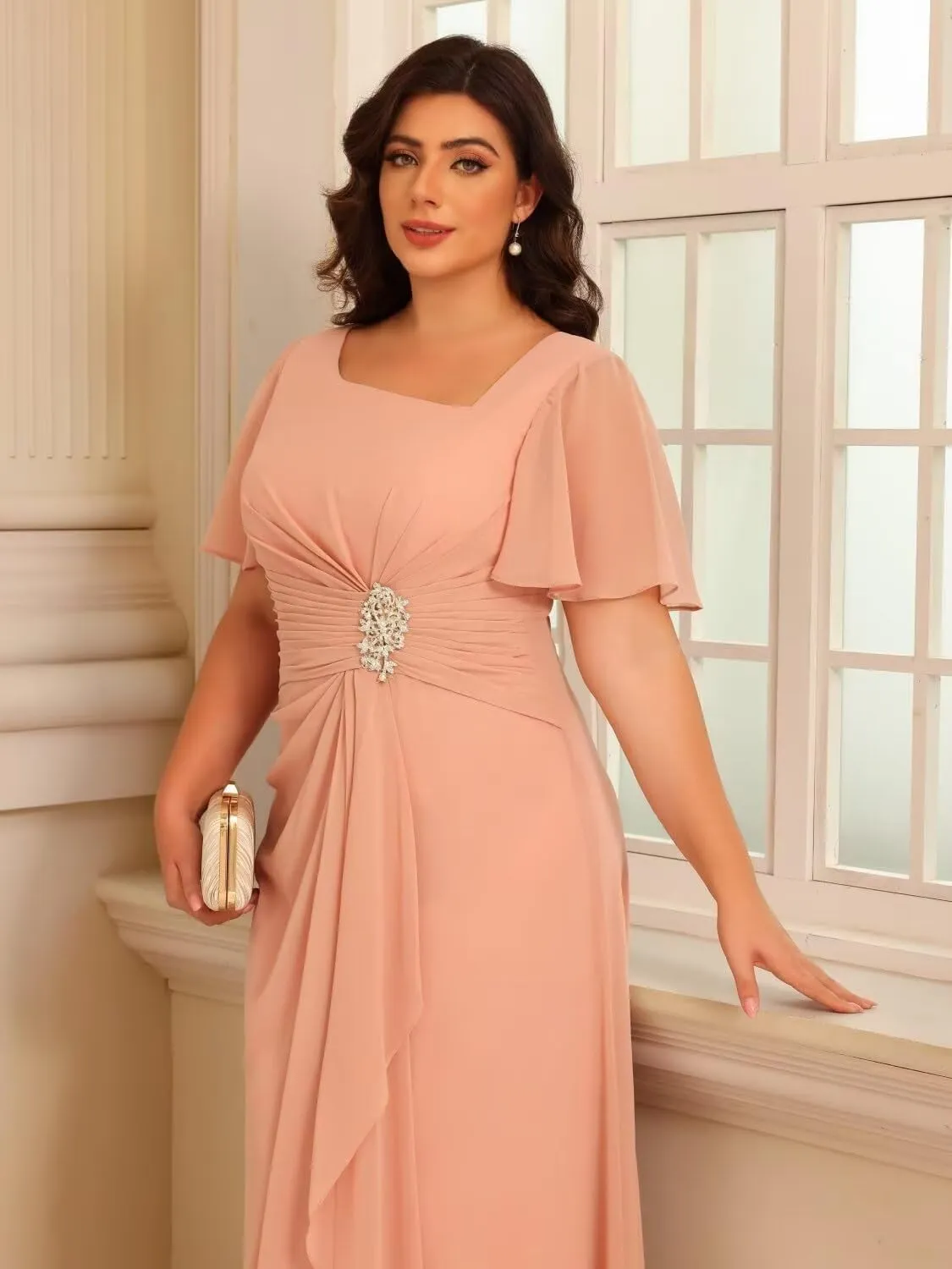 Women's Chiffon Mother of The Bride Dresses with Sleeves V Neck A Line Formal Evening Dress VS164N