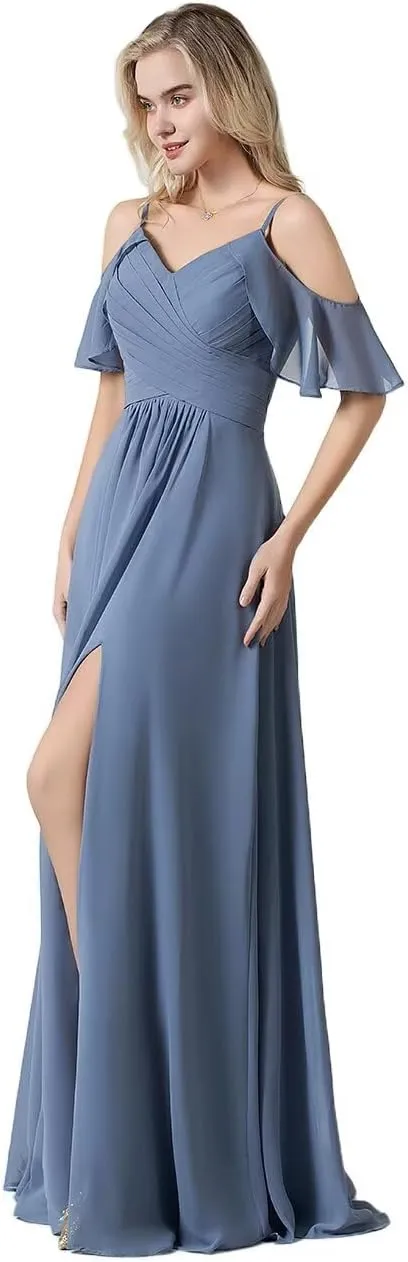 Women's Cold Shoulder Chiffon Bridesmaid Dresses 2025 for Wedding Slit Pleated A-line Formal Long Evening Gowns