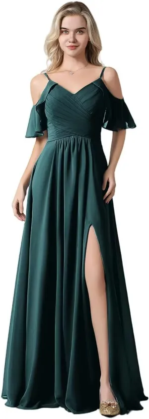 Women's Cold Shoulder Chiffon Bridesmaid Dresses 2025 for Wedding Slit Pleated A-line Formal Long Evening Gowns