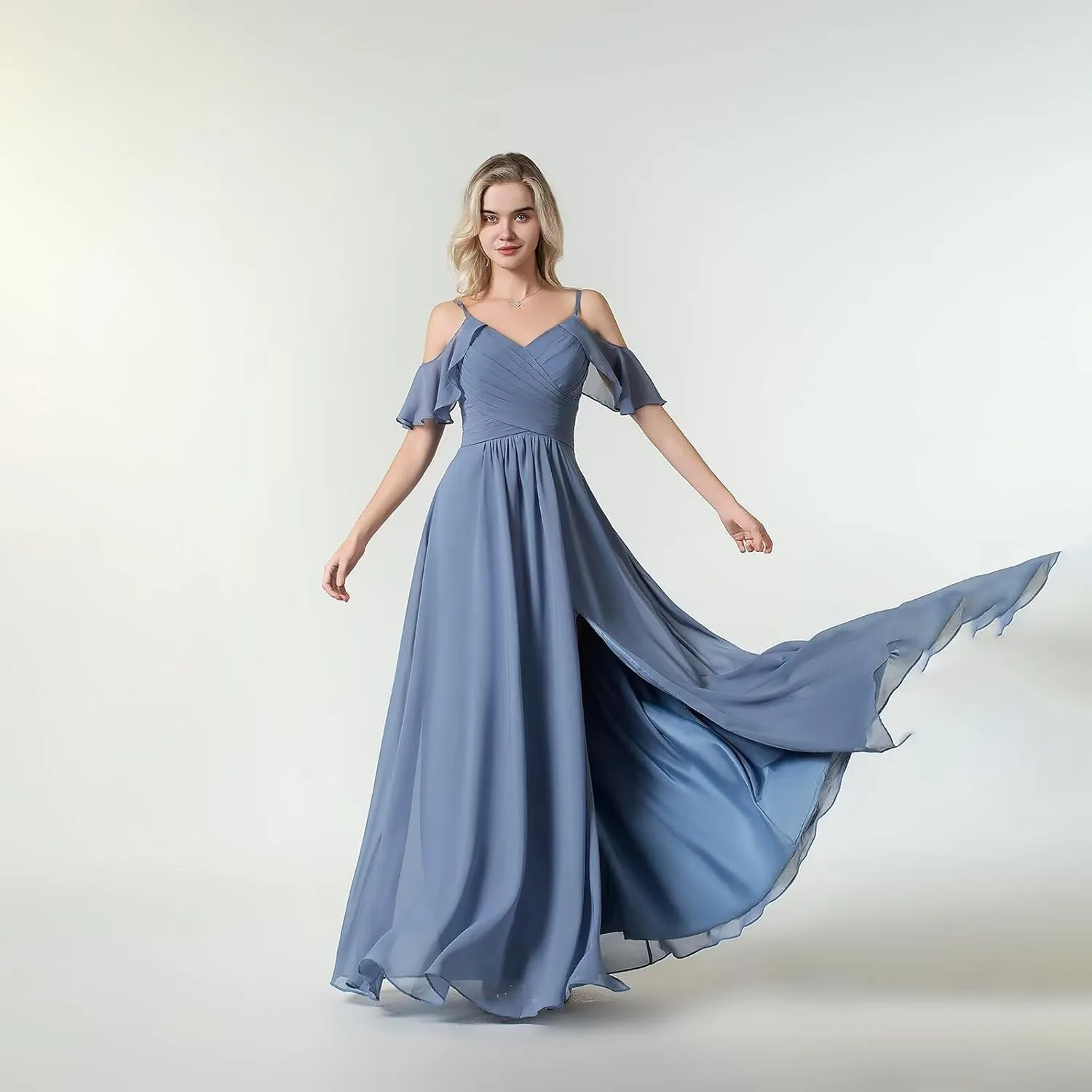 Women's Cold Shoulder Chiffon Bridesmaid Dresses 2025 for Wedding Slit Pleated A-line Formal Long Evening Gowns