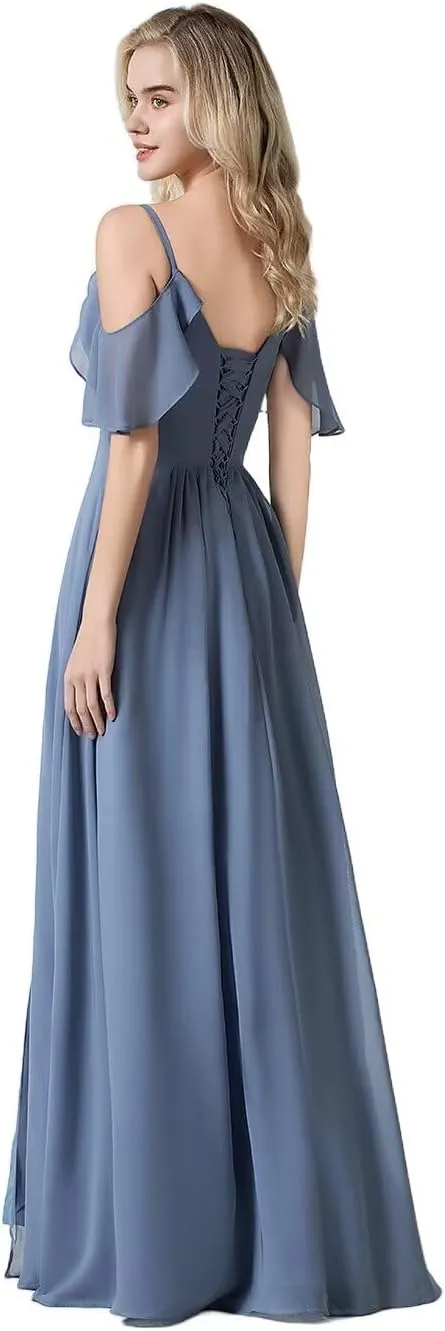 Women's Cold Shoulder Chiffon Bridesmaid Dresses 2025 for Wedding Slit Pleated A-line Formal Long Evening Gowns