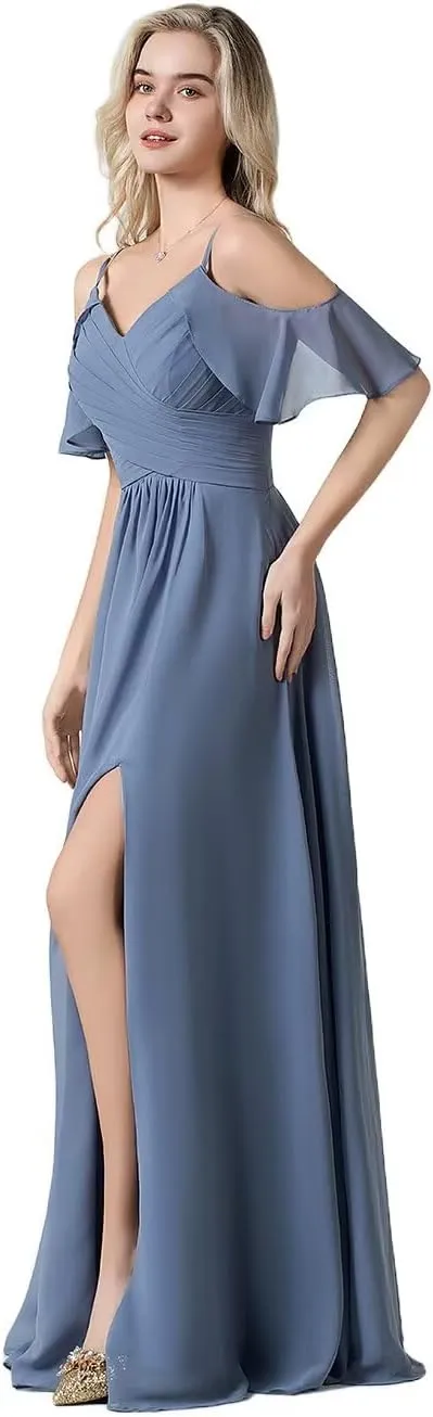 Women's Cold Shoulder Chiffon Bridesmaid Dresses 2025 for Wedding Slit Pleated A-line Formal Long Evening Gowns