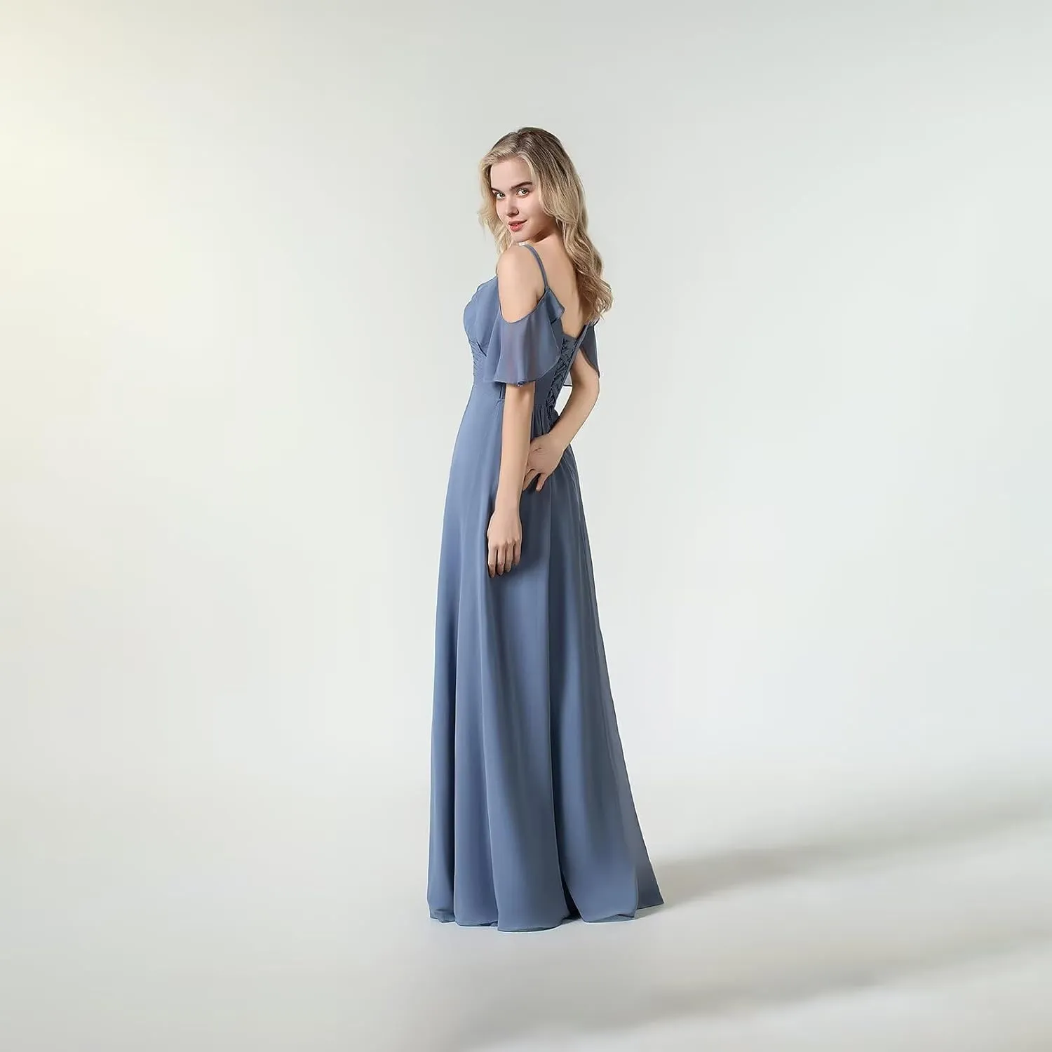 Women's Cold Shoulder Chiffon Bridesmaid Dresses 2025 for Wedding Slit Pleated A-line Formal Long Evening Gowns