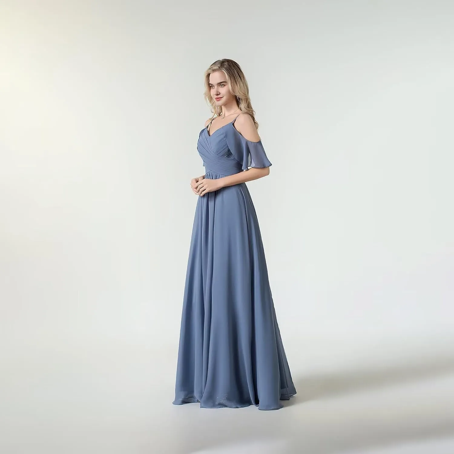 Women's Cold Shoulder Chiffon Bridesmaid Dresses 2025 for Wedding Slit Pleated A-line Formal Long Evening Gowns