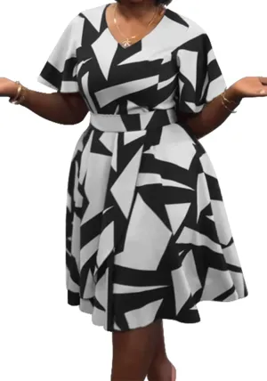 Women's Color Block V Neck Midi Dresses Short Sleeve Plus Size Print Wrap Flared Midi Dress Cocktail