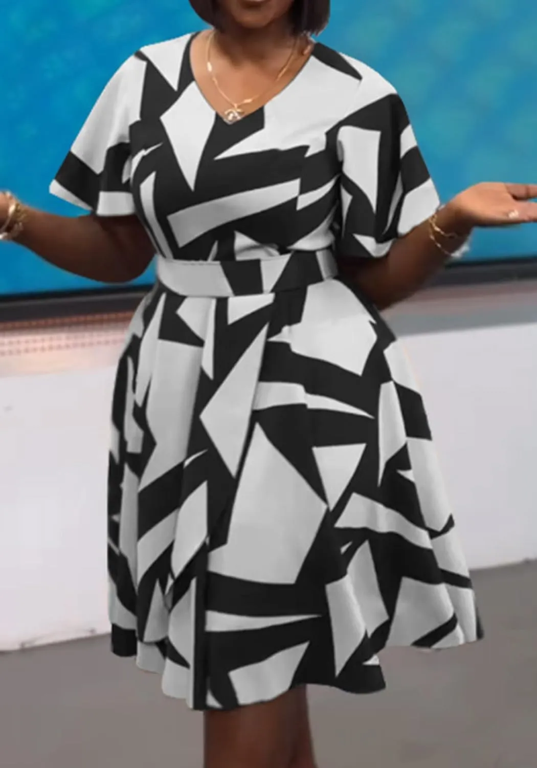 Women's Color Block V Neck Midi Dresses Short Sleeve Plus Size Print Wrap Flared Midi Dress Cocktail