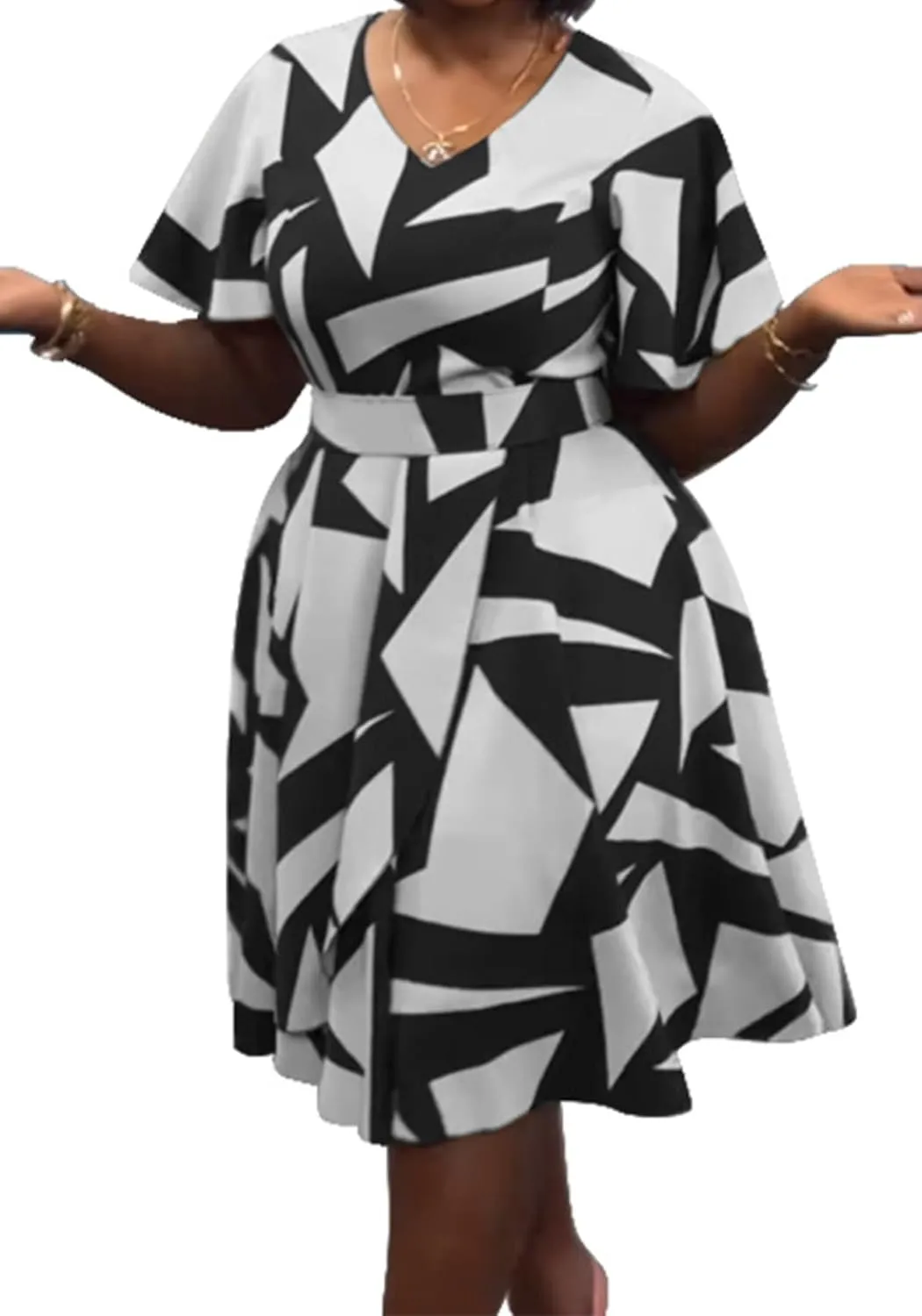 Women's Color Block V Neck Midi Dresses Short Sleeve Plus Size Print Wrap Flared Midi Dress Cocktail