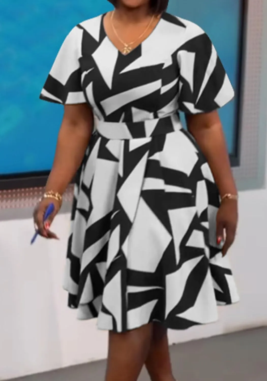 Women's Color Block V Neck Midi Dresses Short Sleeve Plus Size Print Wrap Flared Midi Dress Cocktail