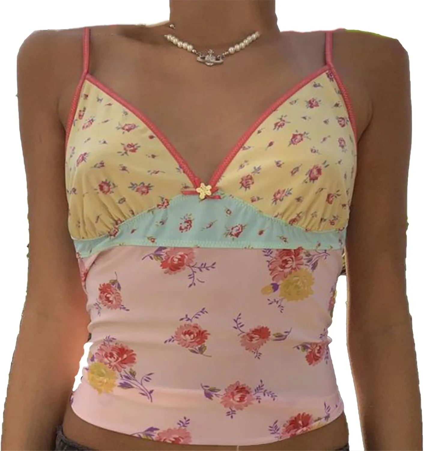 Women's Contrast Floral Lace Camisole Side Slit Sleeveless Cami Irregular Hem Crop Vest Shirt Mesh Sheer Tank Top