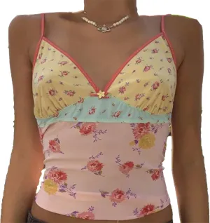 Women's Contrast Floral Lace Camisole Side Slit Sleeveless Cami Irregular Hem Crop Vest Shirt Mesh Sheer Tank Top