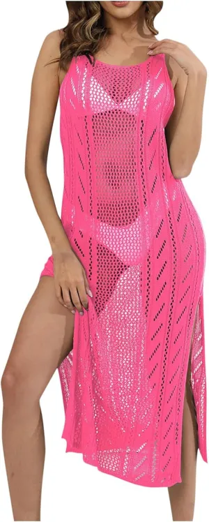 Womens Crochet Bathing Suit Cover Up Casual Summer Crewneck Sleeveless Boho Knit Dress Beach Vacation Midi Tank Dress