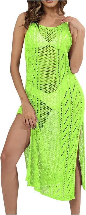 Womens Crochet Bathing Suit Cover Up Casual Summer Crewneck Sleeveless Boho Knit Dress Beach Vacation Midi Tank Dress