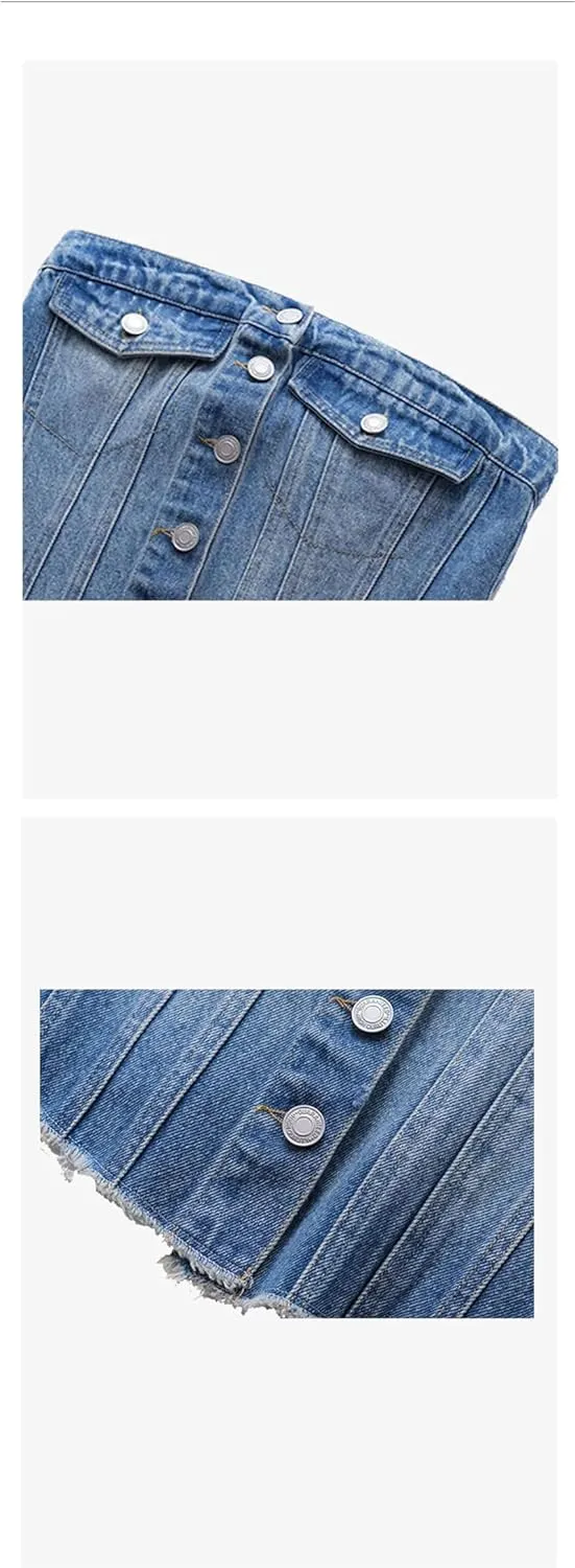 Women's Elastic Tight Button Denim Tank Tops Wrap Bra Summer Sleeveless Camisole