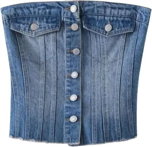 Women's Elastic Tight Button Denim Tank Tops Wrap Bra Summer Sleeveless Camisole