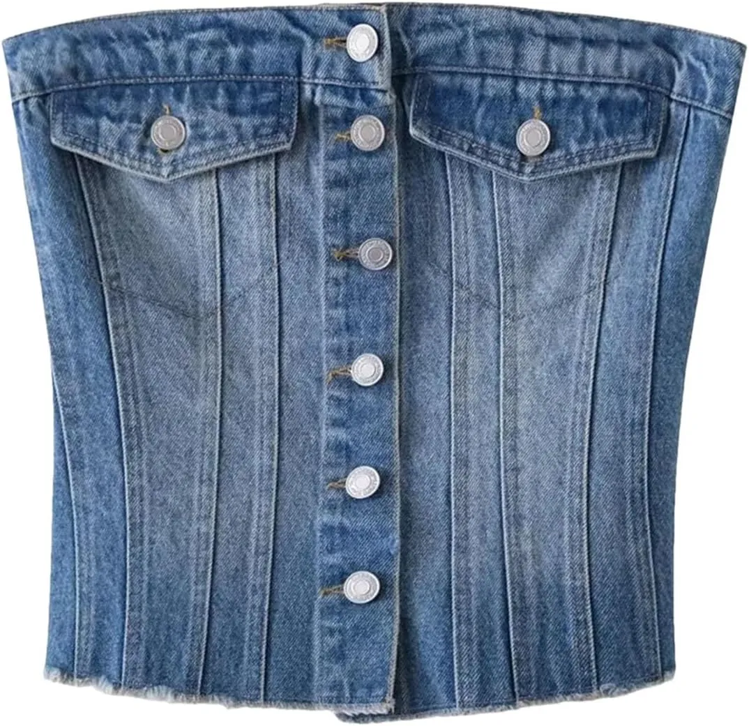 Women's Elastic Tight Button Denim Tank Tops Wrap Bra Summer Sleeveless Camisole