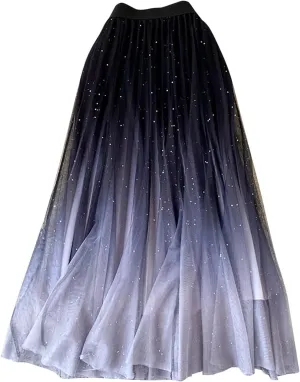 Women's Fairy Tulle Skirt Starry Sky Gradient Color Mesh Skirt High Waist A Line Pleated Skirt Sequin Skirt