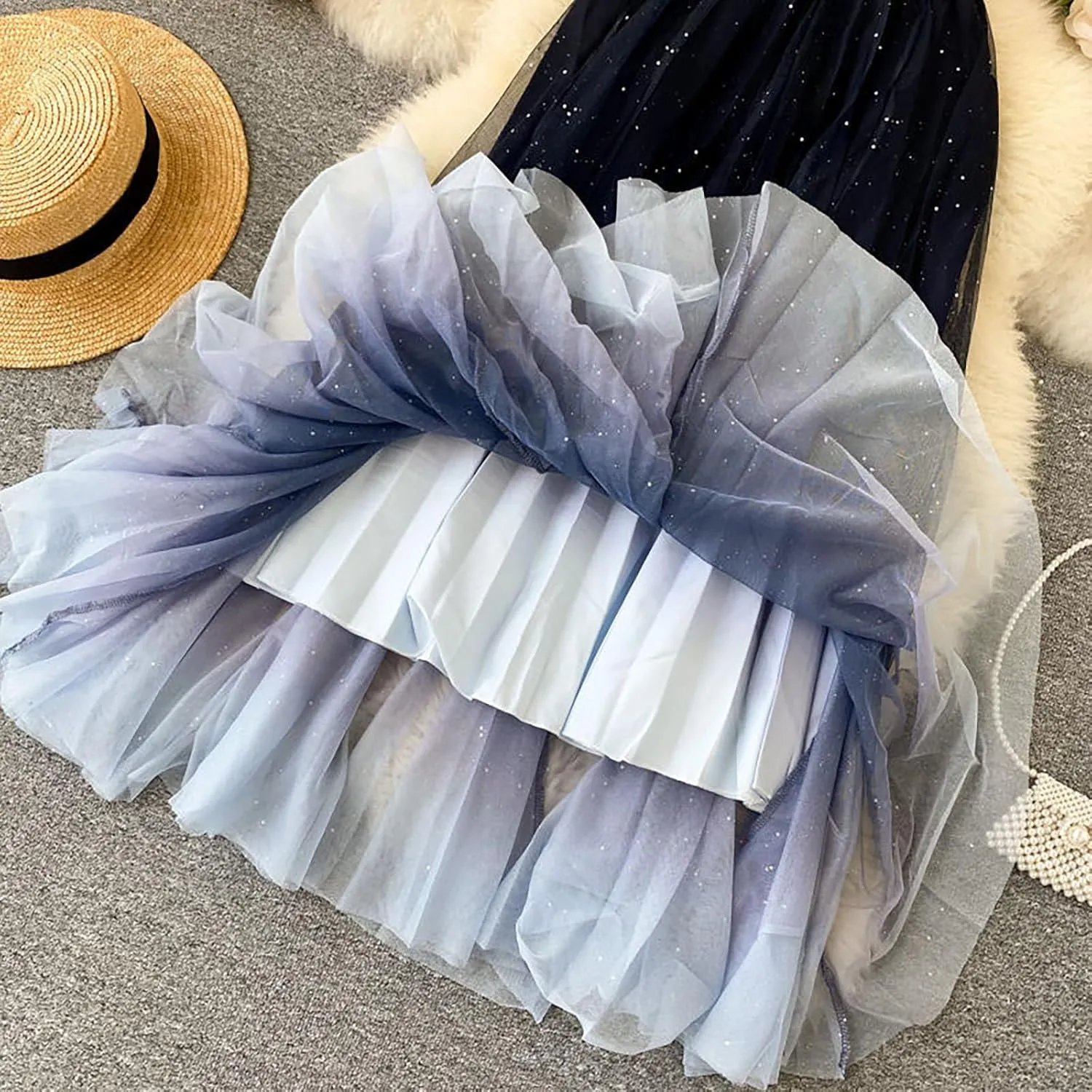 Women's Fairy Tulle Skirt Starry Sky Gradient Color Mesh Skirt High Waist A Line Pleated Skirt Sequin Skirt