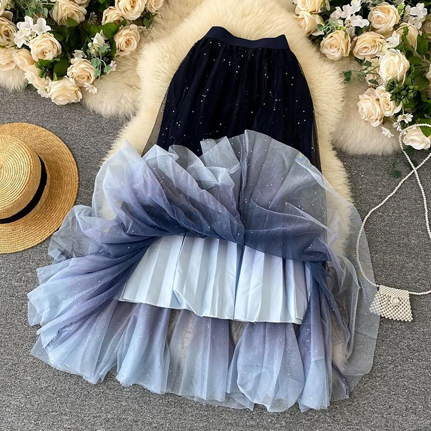 Women's Fairy Tulle Skirt Starry Sky Gradient Color Mesh Skirt High Waist A Line Pleated Skirt Sequin Skirt
