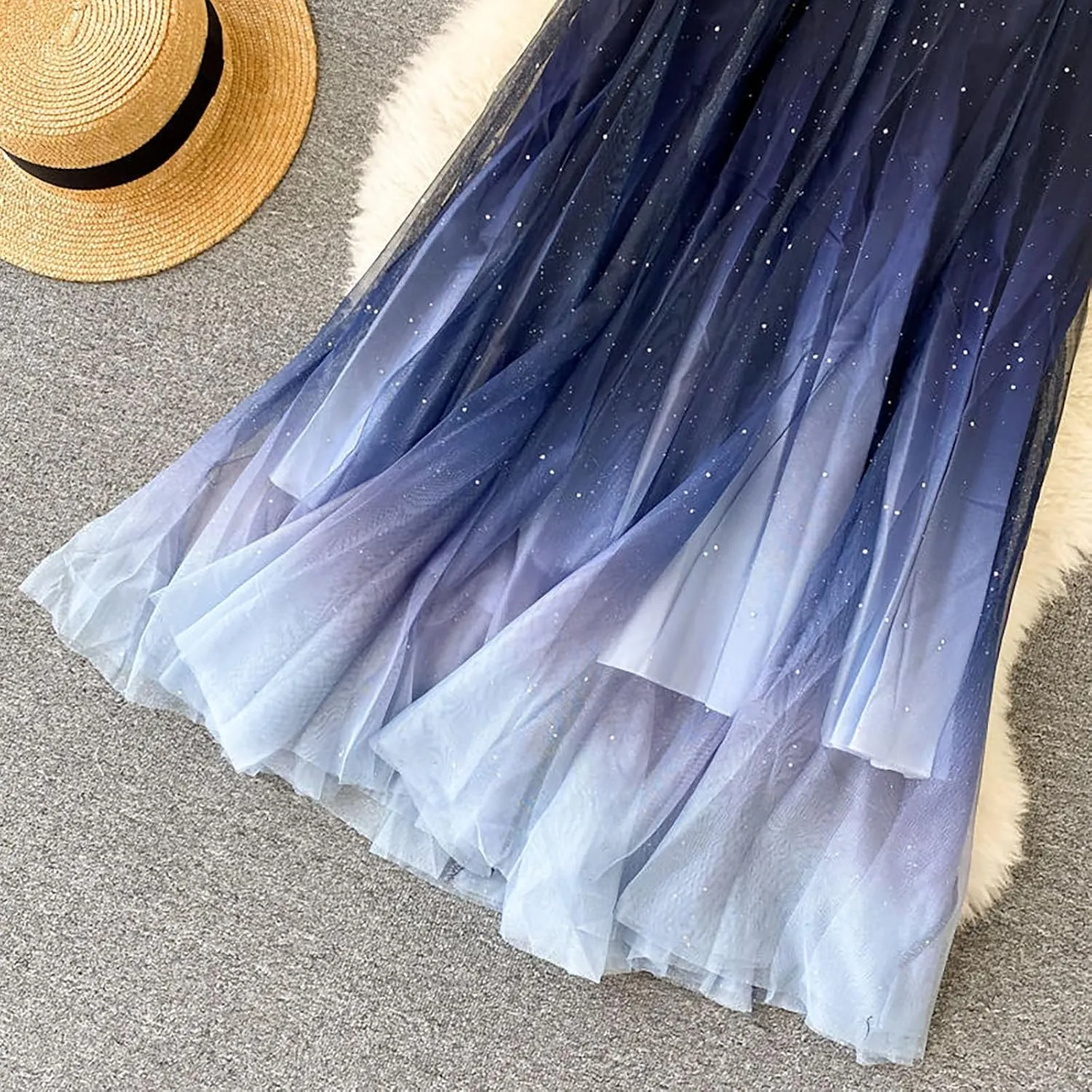 Women's Fairy Tulle Skirt Starry Sky Gradient Color Mesh Skirt High Waist A Line Pleated Skirt Sequin Skirt