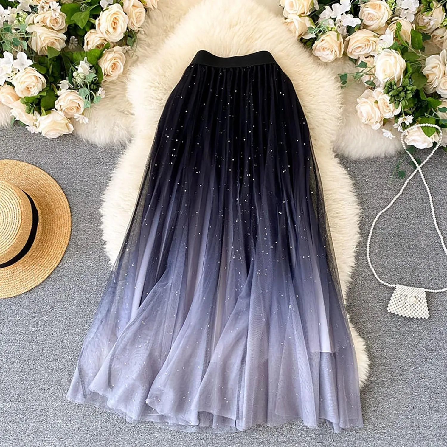 Women's Fairy Tulle Skirt Starry Sky Gradient Color Mesh Skirt High Waist A Line Pleated Skirt Sequin Skirt