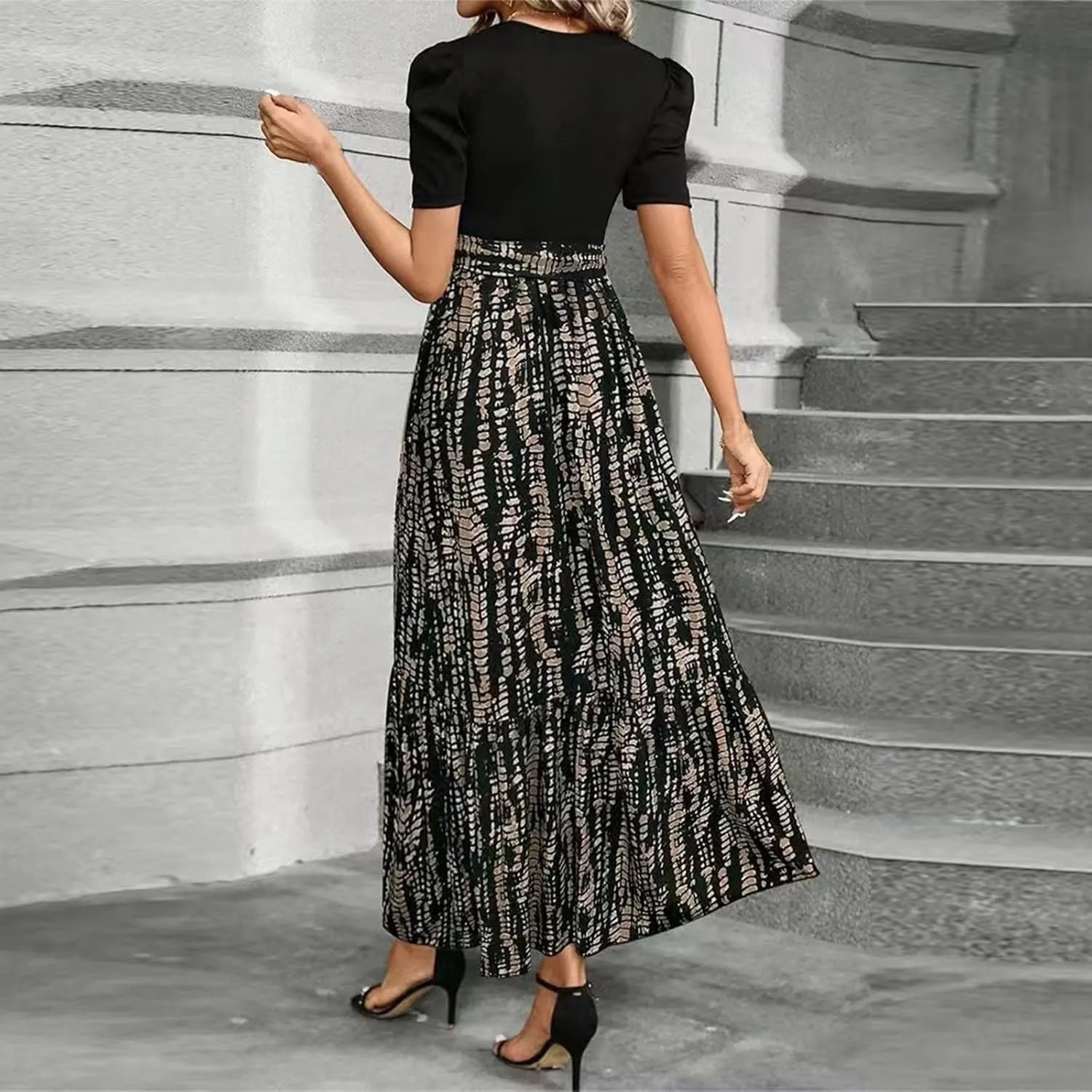 Womens Floral Printed Long Flowy Dresses with Pockets Ruffle Short Sleeve 2025 Dresses Summer Casual Maxi Dress