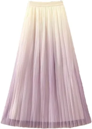 Women's Gradient Casual Pleated Skirt Elastic Waist Slim Midi Skirt