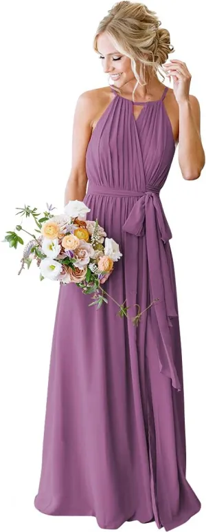 Women's Halter Chiffon Bridesmaid Dresses Long A-Line Pleated Evening Party Gown with Slit for Teens LB012