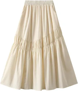 Women's High Waist Flared Skirt Casual Pleated Swing Midi Skirt Vintage Plain A-line Long Skirts with Pockets