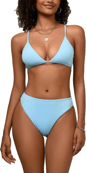 Women's High Waisted Bikini Sets Sexy V Neck Push Up Triangle Swimsuits 2 Piece High Cut Bathing Suits